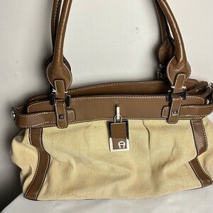 Etienne Aigner Brown and Cream Shoulder Bag with Leather Accents